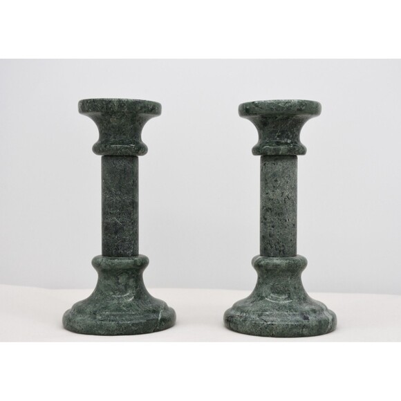 Set of 2 Vintage Marble Pillar Candlestick Holders 5" Taper Candlesticks Green - Picture 1 of 4